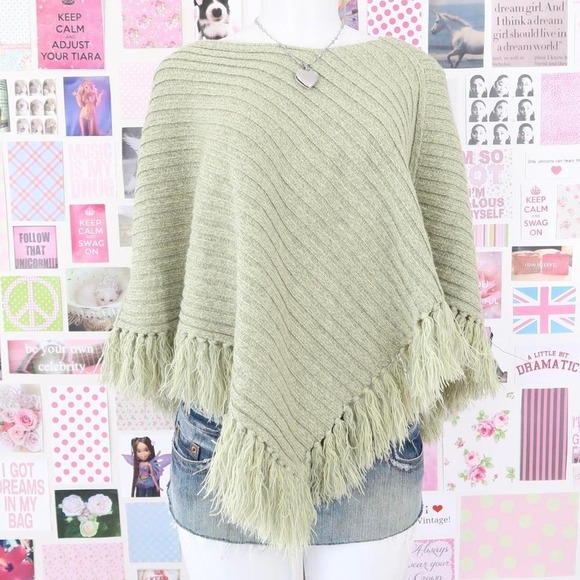 Tops - y2k sage green fringe poncho sweater suzy shier one size